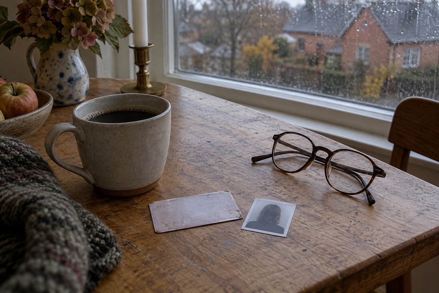 Slidt plastikkort med bagsiden op ved et pasfoto, sort kaffe og læsebriller på et træbord foran et regnvådt vindue