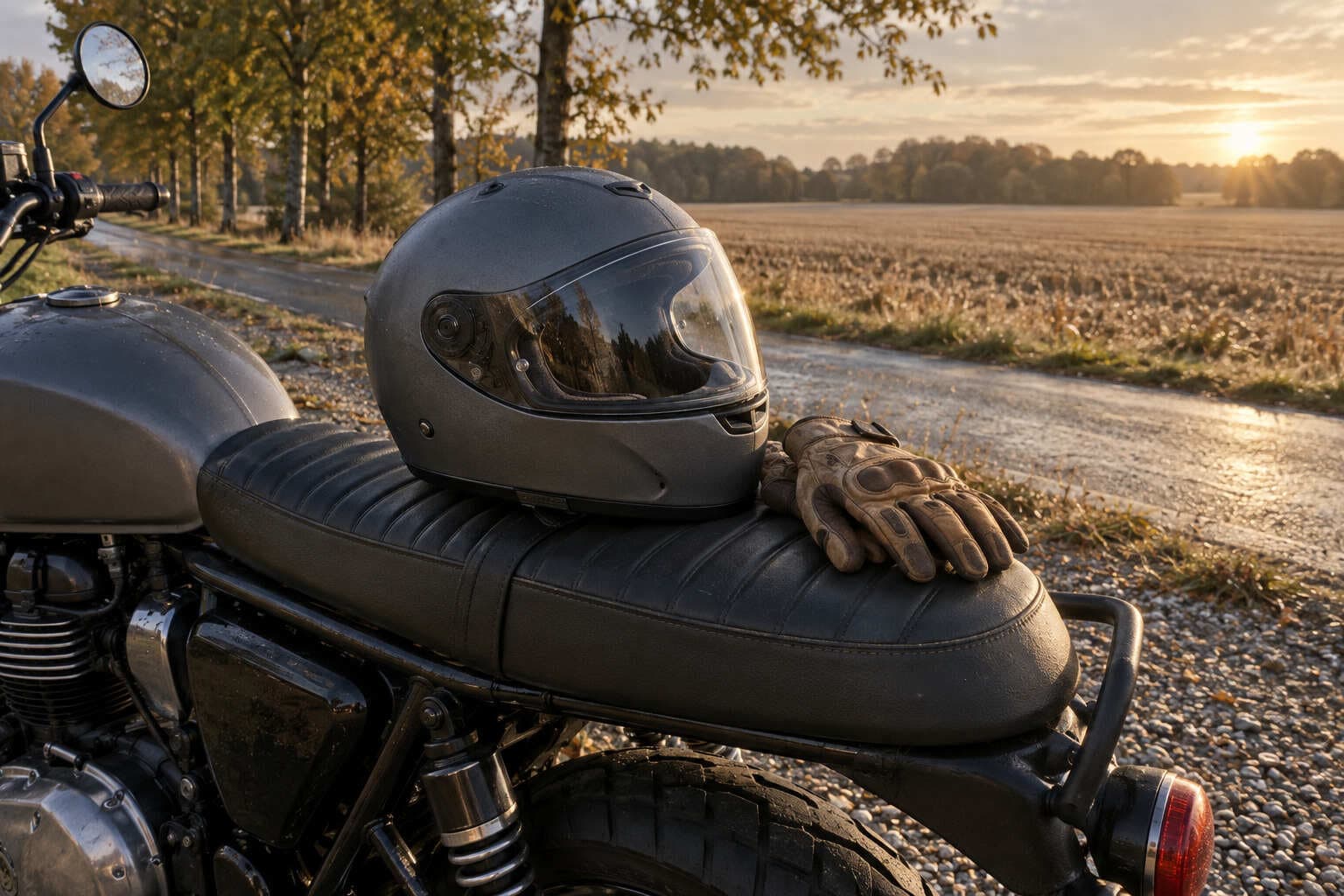 Grå motorcykelhjelm og brune handsker på sædet af en parkeret motorcykel ved en våd landevej i lav efterårssol