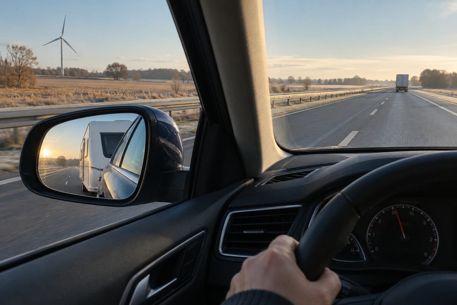 Hvid campingvogn i sidespejlet på en bil, der kører på en frostklar motorvej i lavt morgenlys med en lastbil langt forude