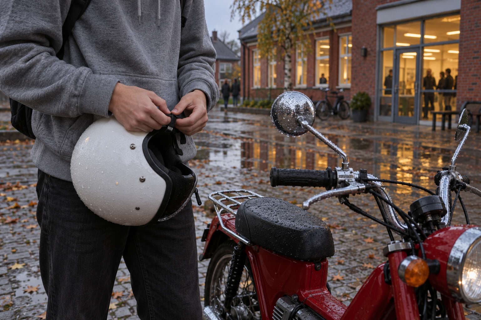Hænder i grå hættetrøje justerer remmen på en hvid hjelm ved en rød knallert på våde brosten med efterårsblade i regnvejr