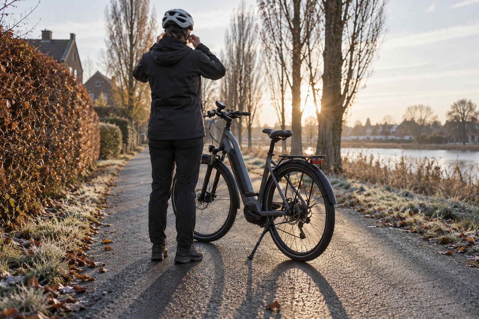 Grå elcykel med batteri i stellet på en frostklar sti i lav morgensol, en cyklist set bagfra spænder sin lyse hjelm