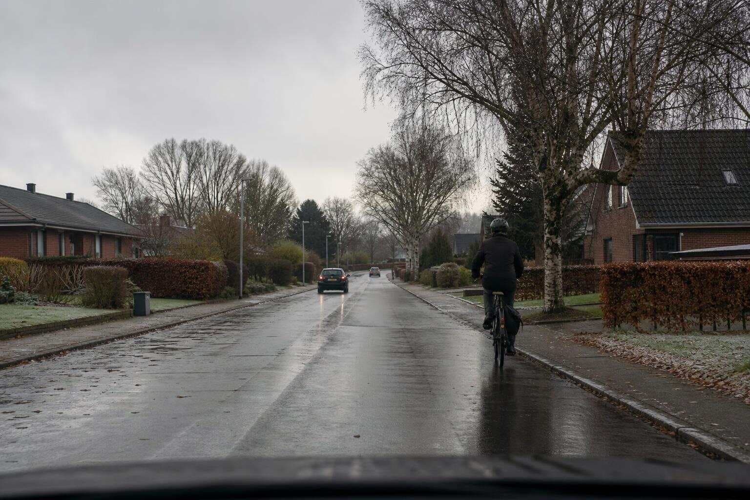 Cyklist i kanten af en våd villavej set gennem forruden en grå vinterdag med en modkørende bil
