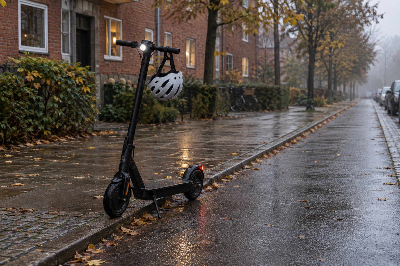 Sort elektrisk løbehjul ved kantstenen på en våd vej i gråt efterårsvejr, hvid cykelhjelm på styret og lygterne tændt