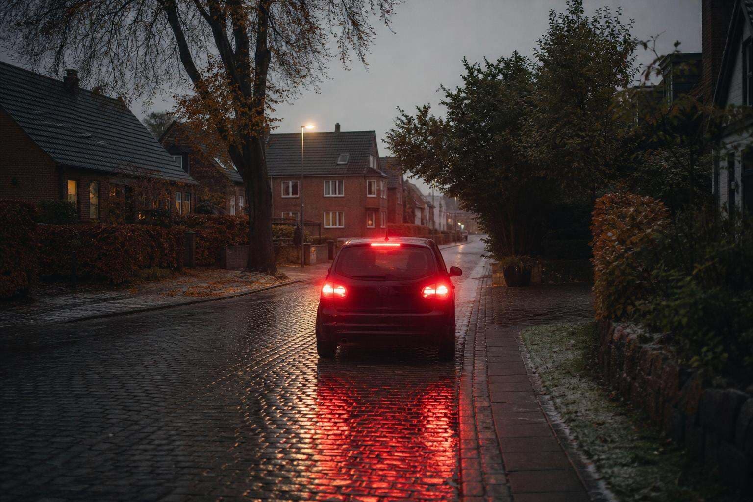 Bil med røde bremselys på våd brostensbelagt villavej i efterårsregn ved skumring