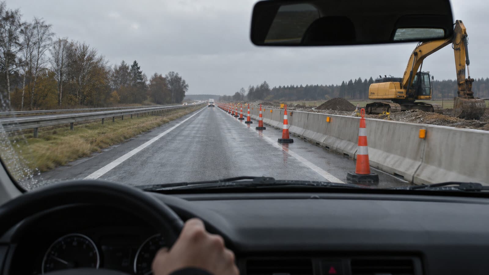 Midlertidig indsnævring på en dansk motorvej i gråt vejr set gennem forruden, orange kegler og en gul maskine bag afspærring