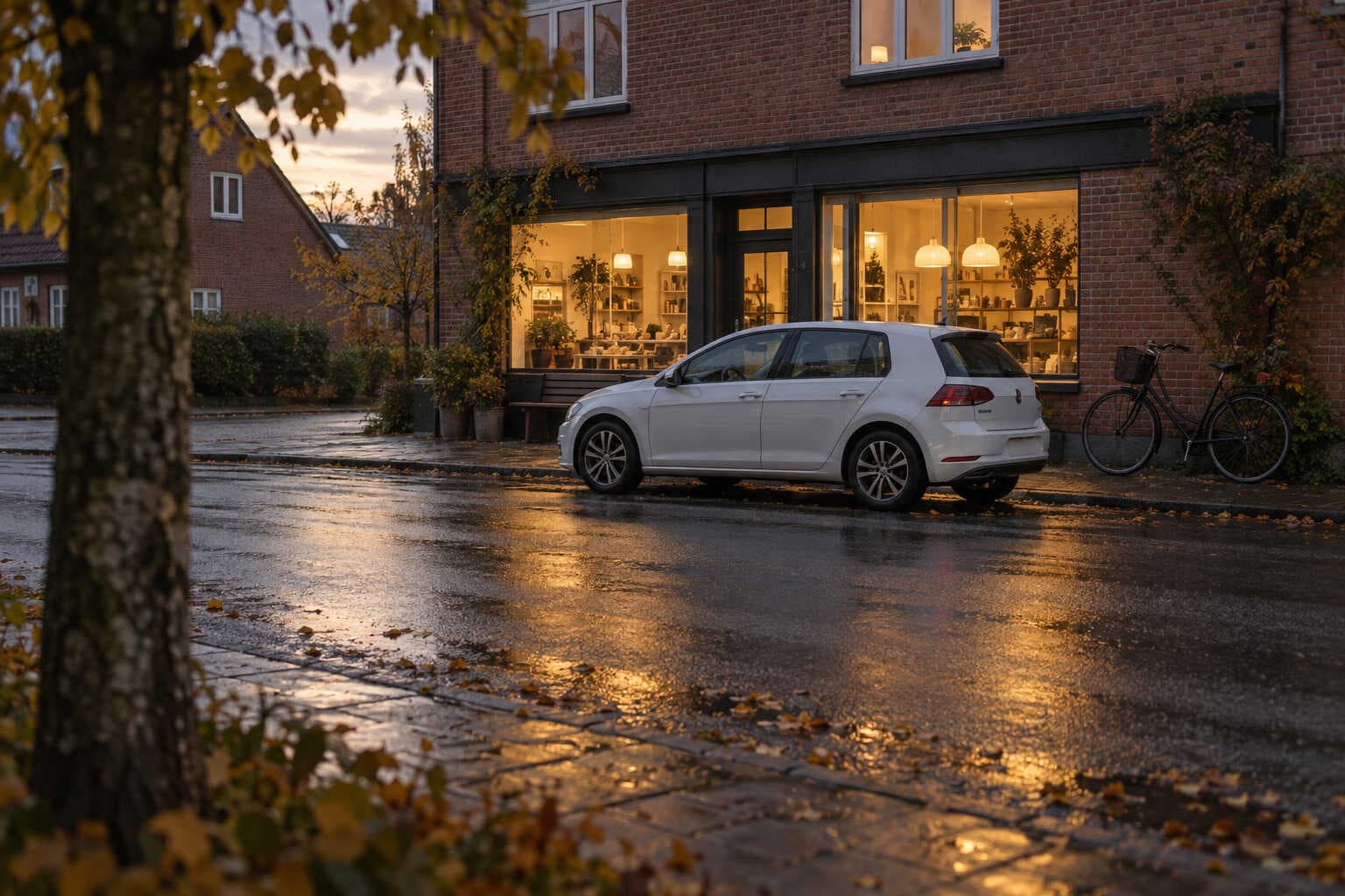Hvid bil parkeret foran murstensbutik med oplyste vinduer, cykel ved muren og våd asfalt en efterårsaften