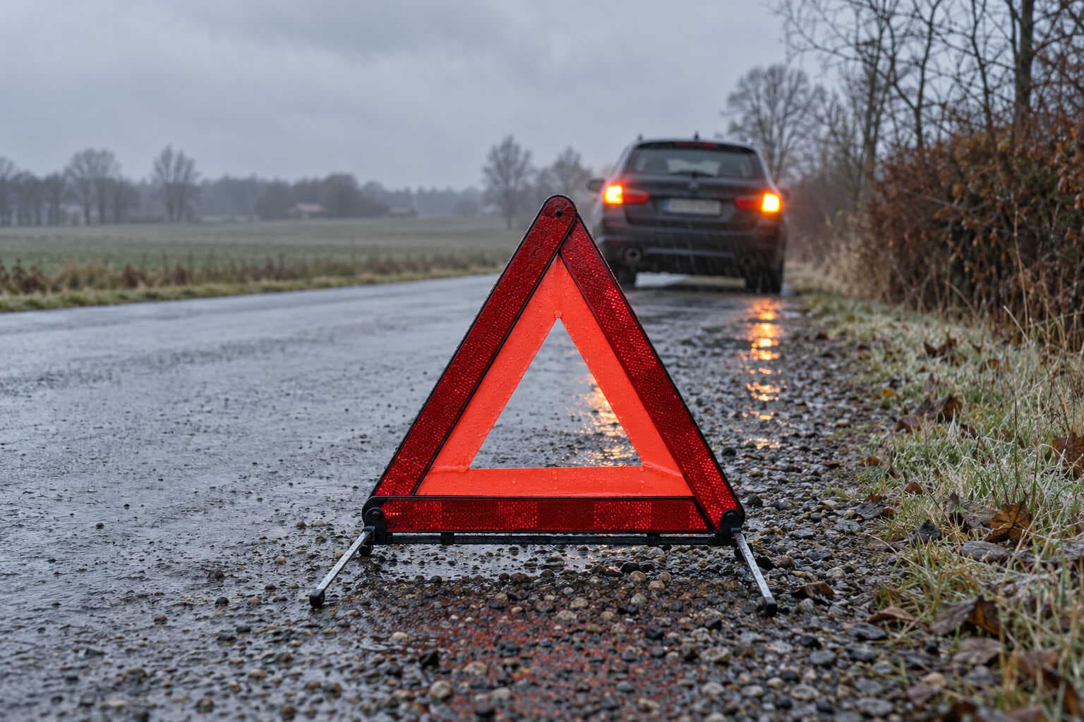 Rød advarselstrekant på grusrabatten ved en våd landevej i gråt regnvejr, mørk stationcar med tændte baglygter bagved